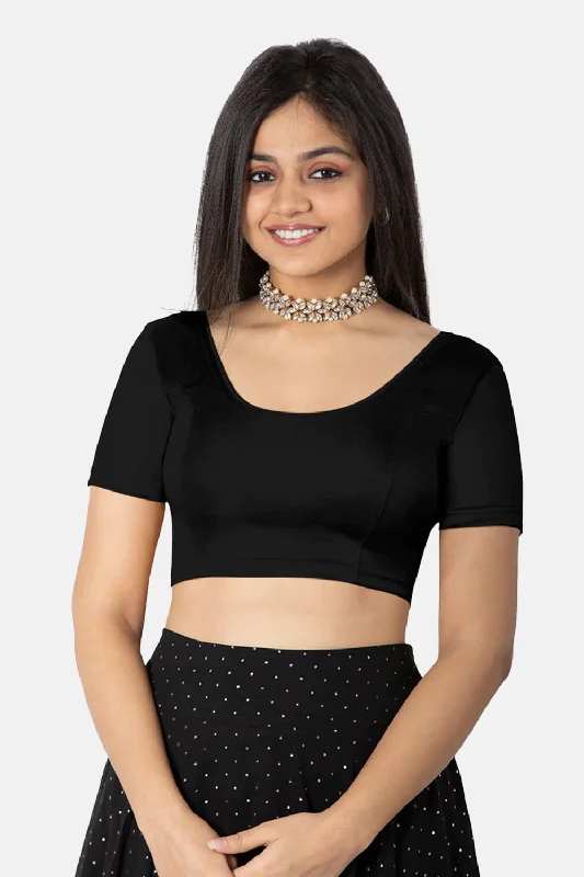High Coverage Non-Wired Non-Padded Knitted Blouse with Round Neck Princess Cut Short Sleeve - Black Shimmer Drape Neck Blouse