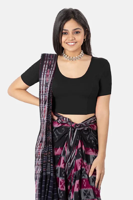 Naidu Hall Knitted Blouse With Round Neck Princess Cut Short Sleeve - Black Feminine Tie Blouse