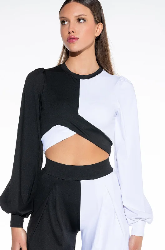 NALA COLORBLOCK CROPPED BLOUSE Collared Satin Blouse
