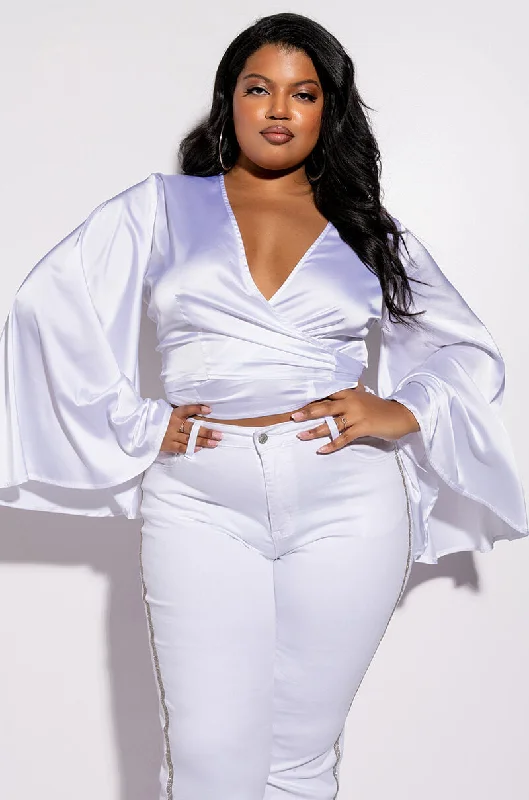 PLUS MAKIN MOVES TIE FRONT BUTTERFLY SLEEVE CROP SATIN BLOUSE Sheer Sleeve Blouse