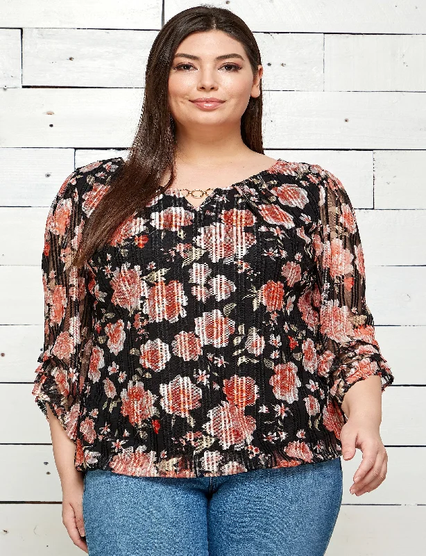 Roz & Ali 3/4 Sleeve Trim Detail Bubble Blouse - Plus Soft Satin Blouse
