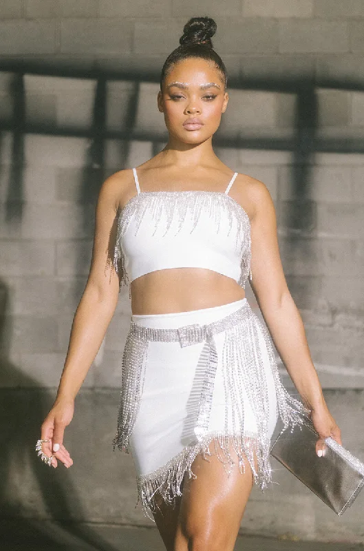 THANK ME LATER BLOUSE WITH RHINESTONE FRINGE WHITE Off-Shoulder Wrap Blouse