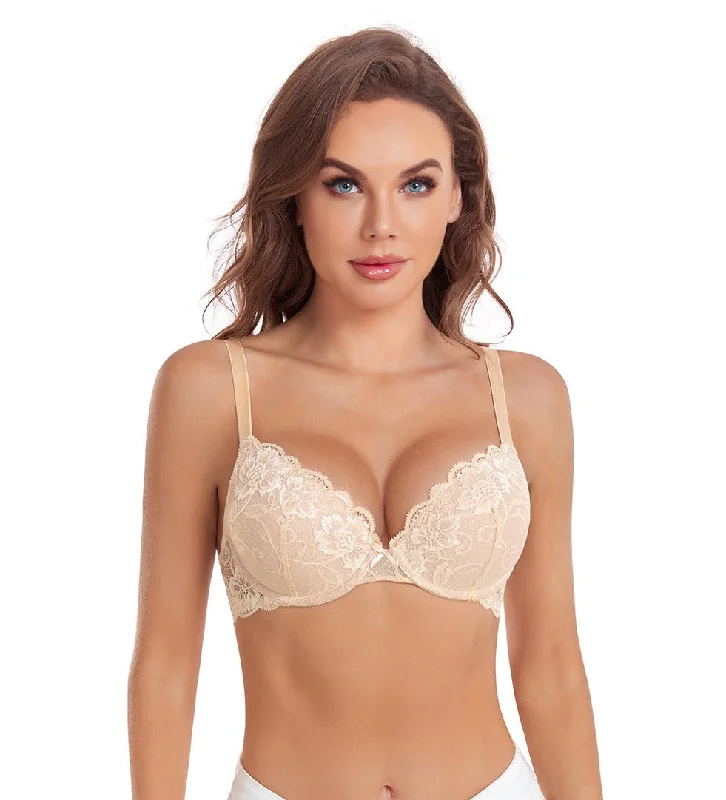 432 DotVol Women’s Comfort Padding Underwire Push Up T-Shirt Bra Flower Lace Everyday Bra Collared Crew Neck Turtle Neck