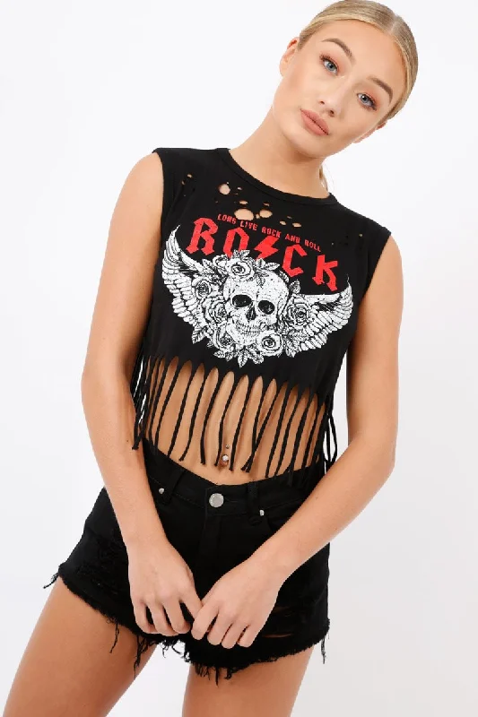 Black Tassel Cropped Distressed Rock Tee - Celia Striped Floral Plaid