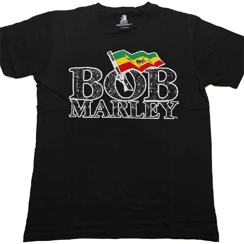 Bob Marley | Official Band T-Shirt | Flag Logo (Diamante) Iron Safe Non-Iron Wrinkle Free Bob Marley | Official Band T-Shirt | Flag Logo (Diamante) Iron Safe Non-Iron Wrinkle Free