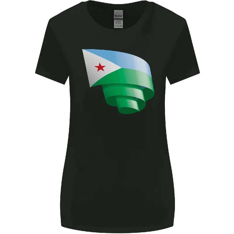 Curled Djibouti Flag Djiboutians Day Football Womens Wider Cut T-Shirt Ribbed Striped Patterned Curled Djibouti Flag Djiboutians Day Football Womens Wider Cut T-Shirt Ribbed Striped Patterned