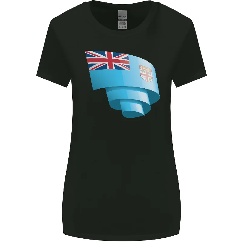Curled Fiji Flag Fijian Day Football Womens Wider Cut T-Shirt Solid Print Embellished Curled Fiji Flag Fijian Day Football Womens Wider Cut T-Shirt Solid Print Embellished