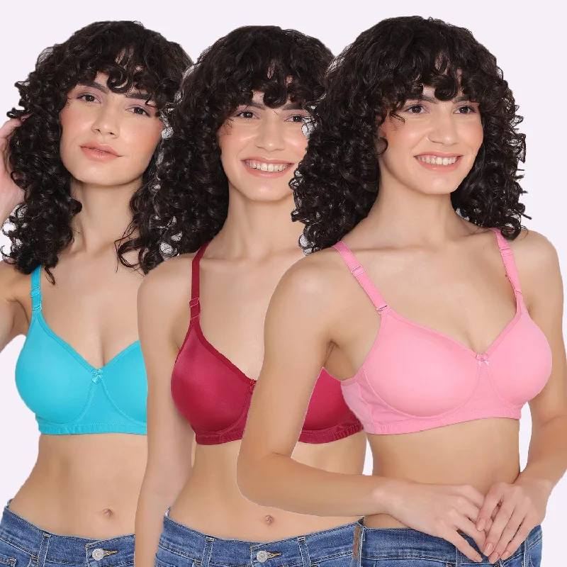 Women's Padded and Non Wired Full Coverage T-Shirt Bra (Pack of 3)-LILY Zippered Buttoned Snapped Women's Padded and Non Wired Full Coverage T-Shirt Bra (Pack of 3)-LILY Zippered Buttoned Snapped