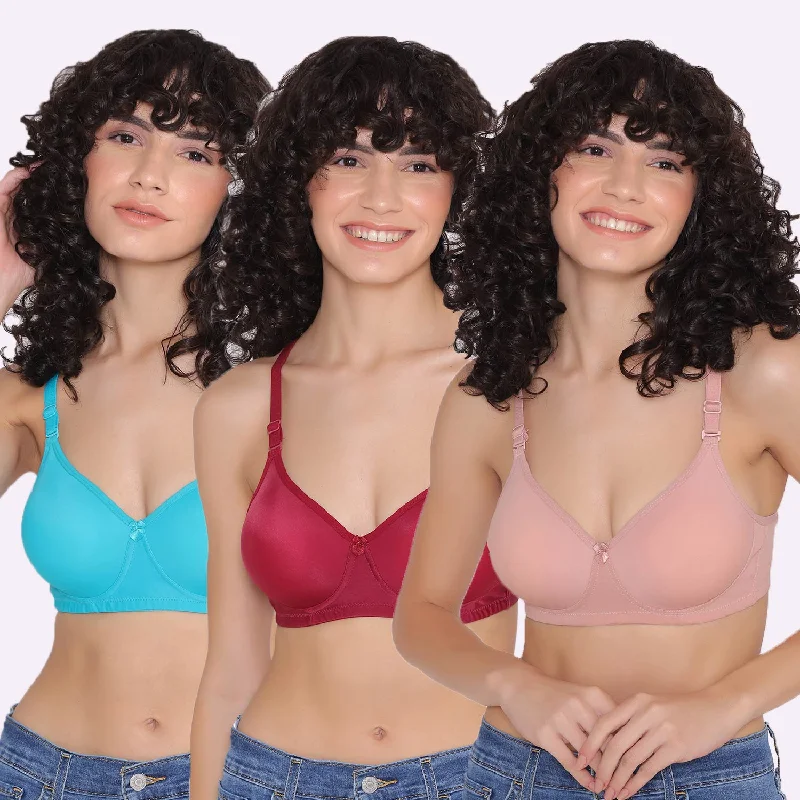 Women's Padded and Non Wired Full Coverage T-Shirt Bra (Pack of 3)-LILY Ribbed T-Shirt High Neck Heavyweight