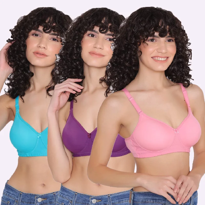 Women's Padded and Non Wired Full Coverage T-Shirt Bra (Pack of 3)-LILY Jersey Fabric Tulle Fabric Batik Fabric Women's Padded and Non Wired Full Coverage T-Shirt Bra (Pack of 3)-LILY Jersey Fabric Tulle Fabric Batik Fabric