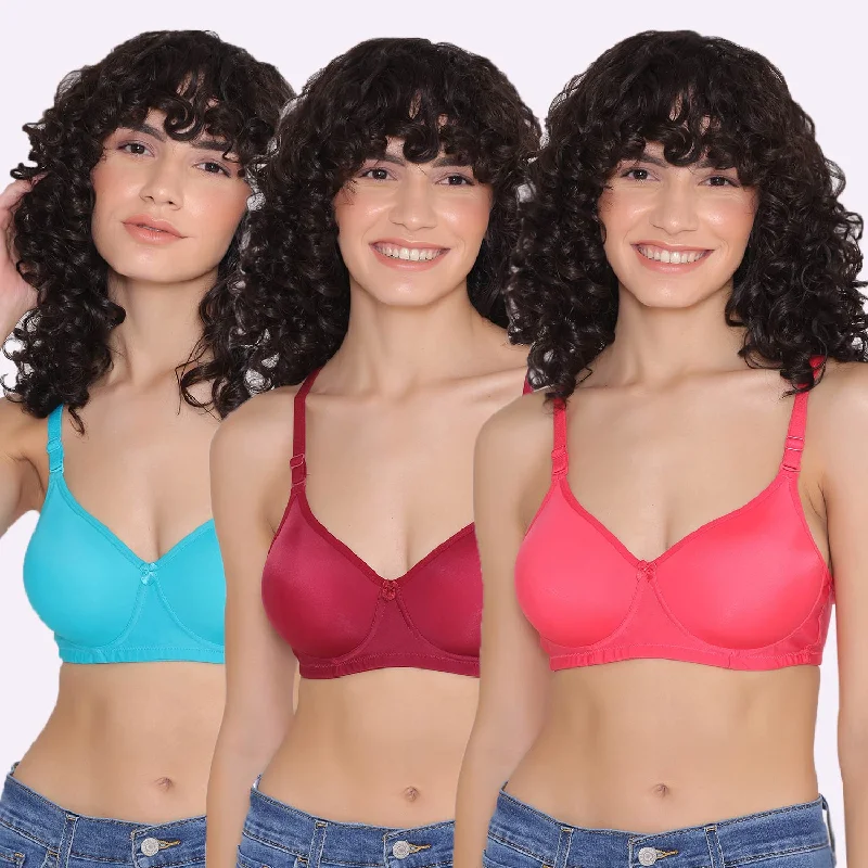 Women's Padded and Non Wired Full Coverage T-Shirt Bra (Pack of 3)-LILY Mesh Blend Leather Blend Suede Blend