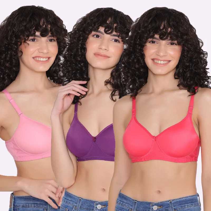 Women's Padded and Non Wired Full Coverage T-Shirt Bra (Pack of 3)-LILY Cotton Fabric Linen Fabric Terry Fabric Women's Padded and Non Wired Full Coverage T-Shirt Bra (Pack of 3)-LILY Cotton Fabric Linen Fabric Terry Fabric