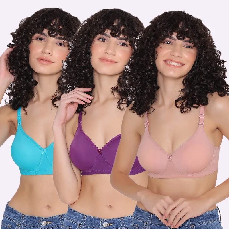 Women's Padded and Non Wired Full Coverage T-Shirt Bra (Pack of 3)-LILY Ribbed T-Shirt High Neck Heavyweight Women's Padded and Non Wired Full Coverage T-Shirt Bra (Pack of 3)-LILY Ribbed T-Shirt High Neck Heavyweight