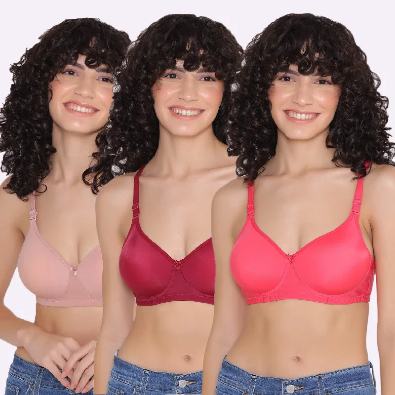 Women's Padded and Non Wired Full Coverage T-Shirt Bra (Pack of 3)-LILY Rayon Velvet Corduroy Women's Padded and Non Wired Full Coverage T-Shirt Bra (Pack of 3)-LILY Rayon Velvet Corduroy