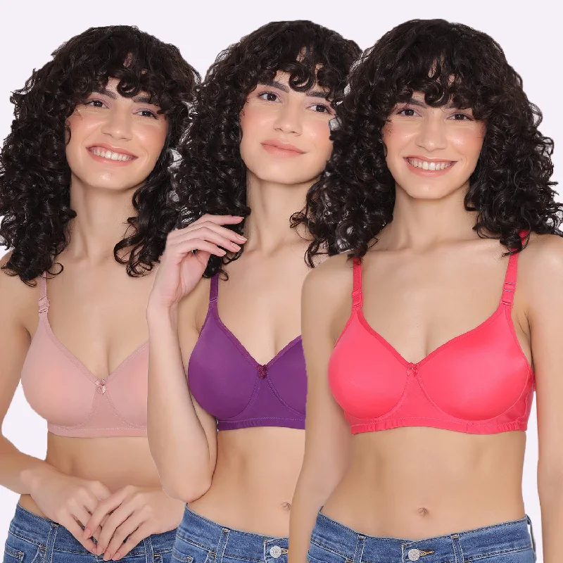 Women's Padded and Non Wired Full Coverage T-Shirt Bra (Pack of 3)-LILY Embroidered Appliqued Beaded Women's Padded and Non Wired Full Coverage T-Shirt Bra (Pack of 3)-LILY Embroidered Appliqued Beaded