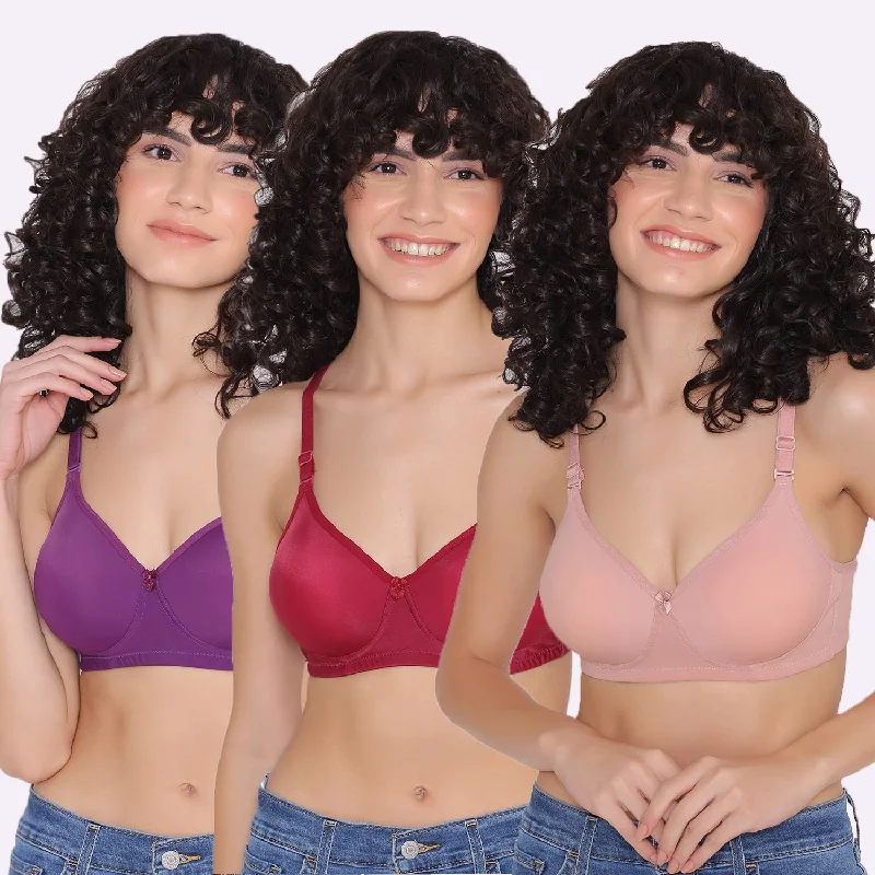 Women's Padded and Non Wired Full Coverage T-Shirt Bra (Pack of 3)-LILY Print Jacquard Patchwork Women's Padded and Non Wired Full Coverage T-Shirt Bra (Pack of 3)-LILY Print Jacquard Patchwork