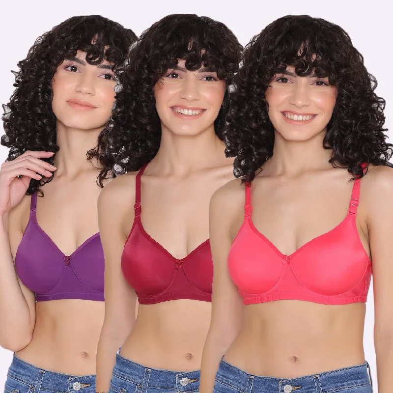 Women's Padded and Non Wired Full Coverage T-Shirt Bra (Pack of 3)-LILY Machine Wash Dry Clean Hand Wash