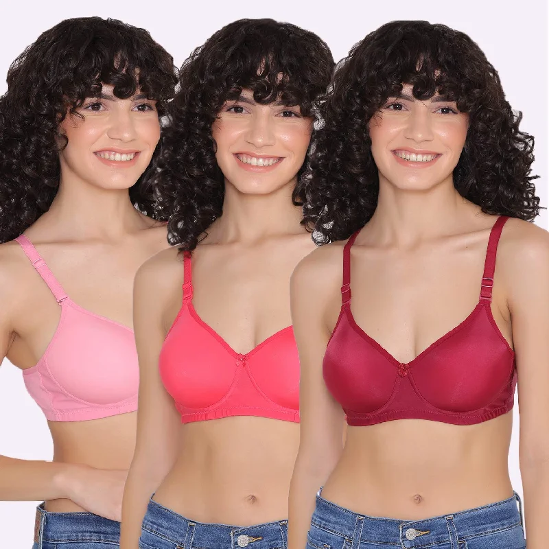 Women's Padded and Non Wired Full Coverage T-Shirt Bra (Pack of 3)-LILY Chenille Blend Fleece Blend Nylon Blend