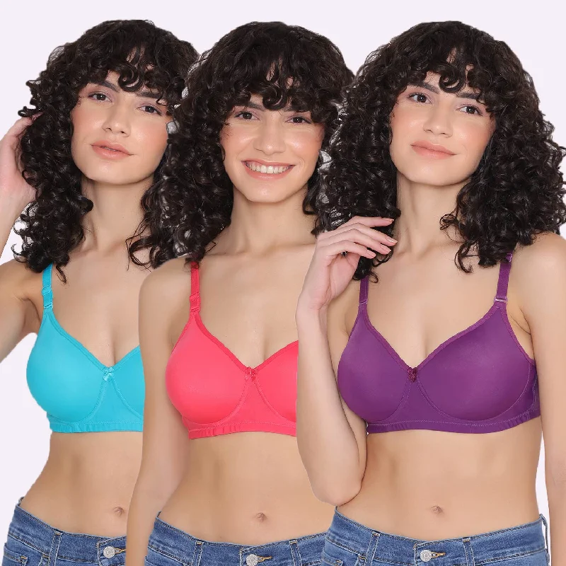 Women's Padded and Non Wired Full Coverage T-Shirt Bra (Pack of 3)-LILY Welt Pockets Slit Pockets Flap Pockets