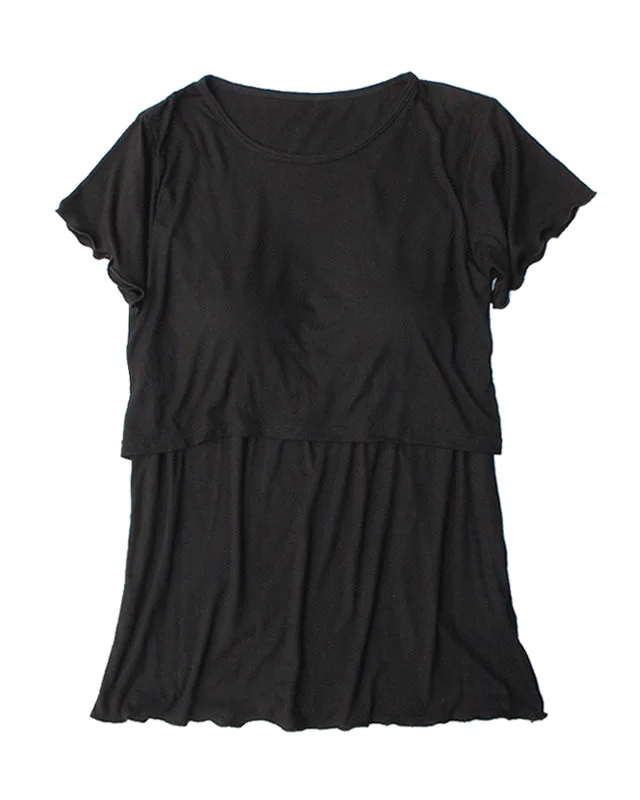 Kayla Lift-Up Nursing Tee in Black Seamless Knitted Crochet