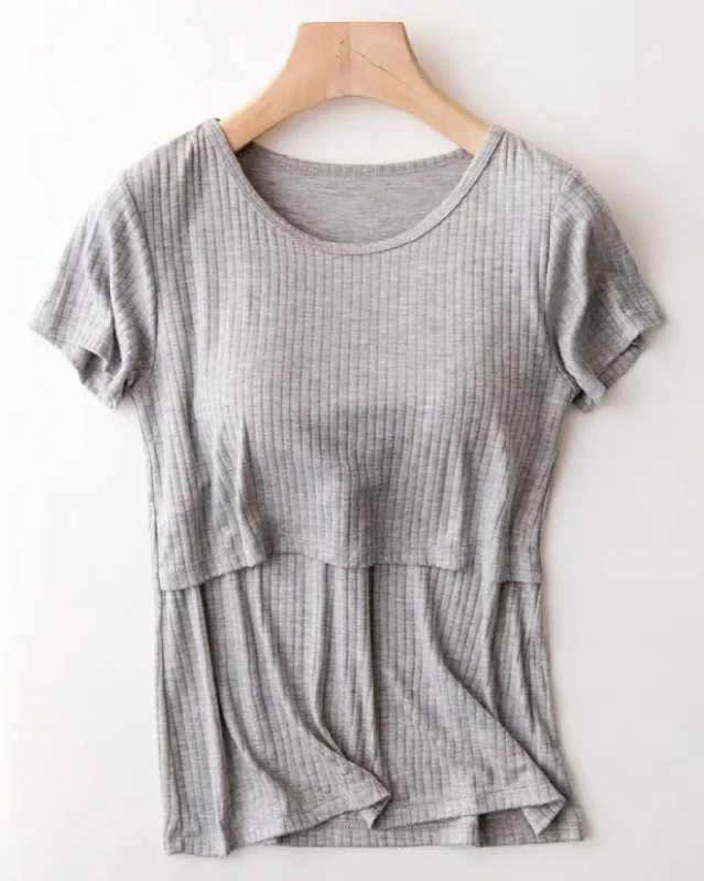 Kayla Lift-Up Nursing Tee in Grey Zippered Buttoned Snapped