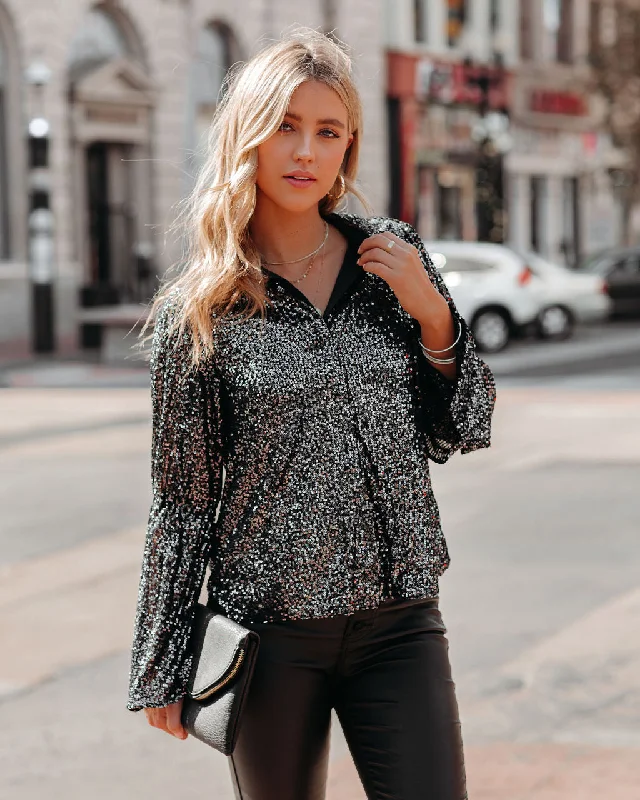 NYX Sequin Button Down Bell Sleeve Blouse - Black Wrap Front Blouse