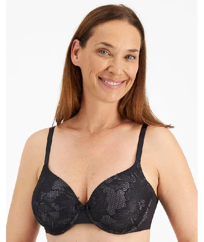 Playtex Ultralight Elegance T-Shirt Bra - Black Graphic Embroidered Appliqued