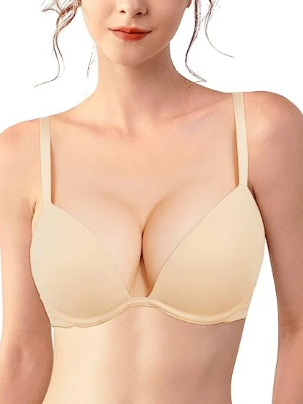 Push Up Deep V Plunge Underwire T-Shirt Bra Nude Print Jacquard Patchwork
