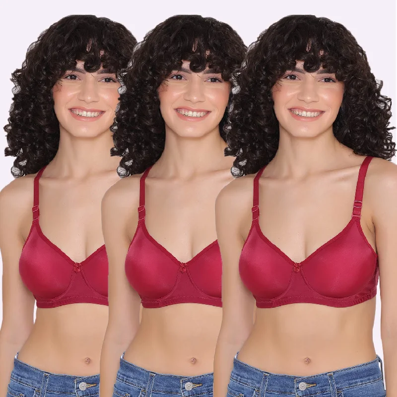 Women's Padded and Non Wired Full Coverage T-Shirt Bra (Pack of 3)-LILY Terry Blend Velvet Blend Canvas Blend Women's Padded and Non Wired Full Coverage T-Shirt Bra (Pack of 3)-LILY Terry Blend Velvet Blend Canvas Blend