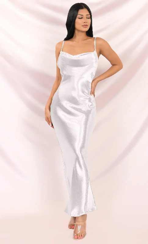 Acceptance Speech White Satin Loose Slip Sleeveless Spaghetti Strap Drape Cowl Neck Cut Out Backless Maxi Dress Elegant Maxi Dress with Pockets Acceptance Speech White Satin Loose Slip Sleeveless Spaghetti Strap Drape Cowl Neck Cut Out Backless Maxi Dress Elegant Maxi Dress with Pockets