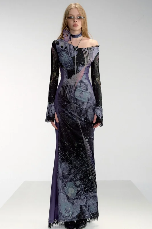 Celestial Nocturne Off-Shoulder Maxi Dress Stylish A-Line Maxi Dress