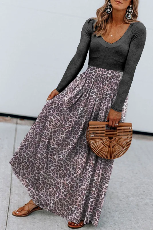 Black Long Sleeve Fitted Bodice Leopard Maxi Dress Cozy Open-Back Maxi Dress