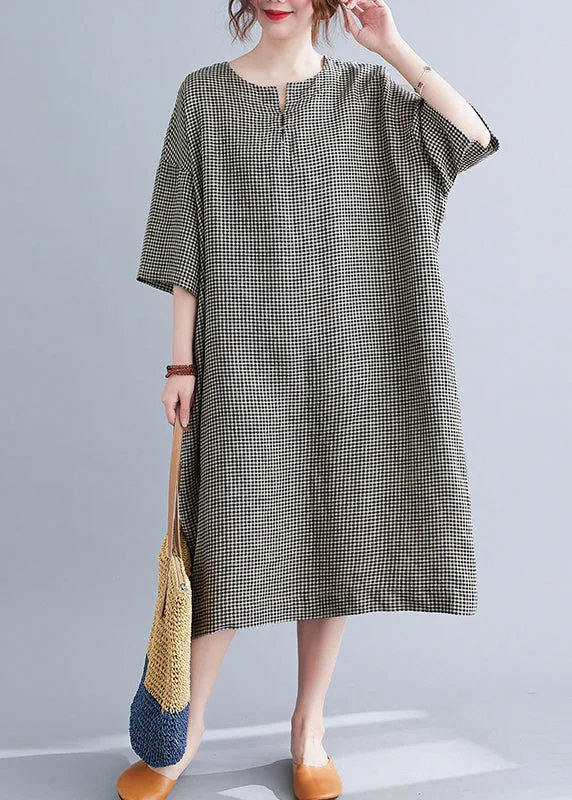 Black Plaid Linen Maxi Dress Oversized O-Neck Summer Comfortable Ruffle Maxi Dress