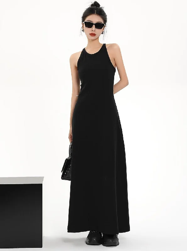 Black Sleeveless Maxi Dress - High Neck Fitted Column Evening Gown Fashionable Faux Wrap Maxi Dress Black Sleeveless Maxi Dress - High Neck Fitted Column Evening Gown Fashionable Faux Wrap Maxi Dress