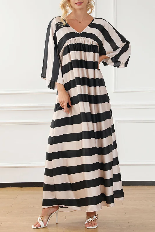 Black V Neck Kimono Sleeve Striped Maxi Dress Comfortable Ruffle Maxi Dress