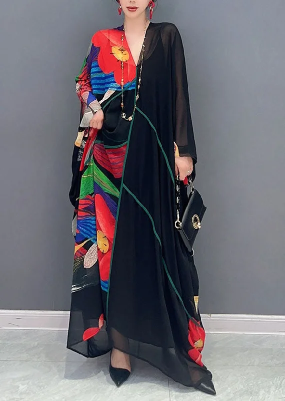 Boho Black V Neck Print Patchwork Chiffon Maxi Dress Summer Comfortable Pleated Maxi Dress Boho Black V Neck Print Patchwork Chiffon Maxi Dress Summer Comfortable Pleated Maxi Dress