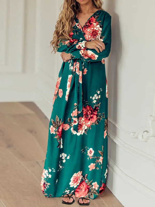 Casual V Neck Long Sleeve Loose Maxi Dress Comfortable Cotton Maxi Dress