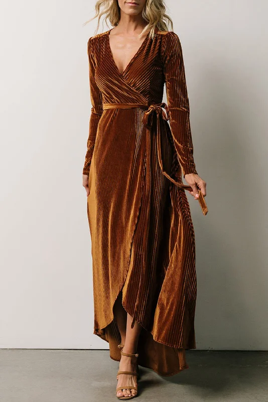 Chestnut Ribbed Velvet Wrap Long Sleeve Maxi Dress Fashionable Button-Down Maxi Dress