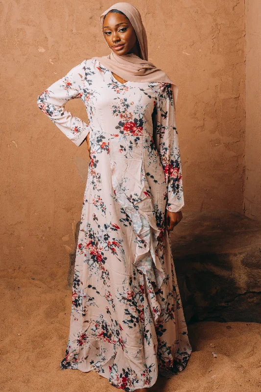 Blush Pink Ruffle Floral Maxi Dress With Sleeves-CLEARANCE Elegant Maxi Dress with Belt Blush Pink Ruffle Floral Maxi Dress With Sleeves-CLEARANCE Elegant Maxi Dress with Belt