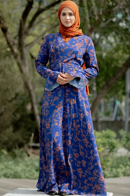 Navy and Caramel Flutter Long Sleeve Maxi Dress-CLEARANCE Stylish Maxi Dress with Frills