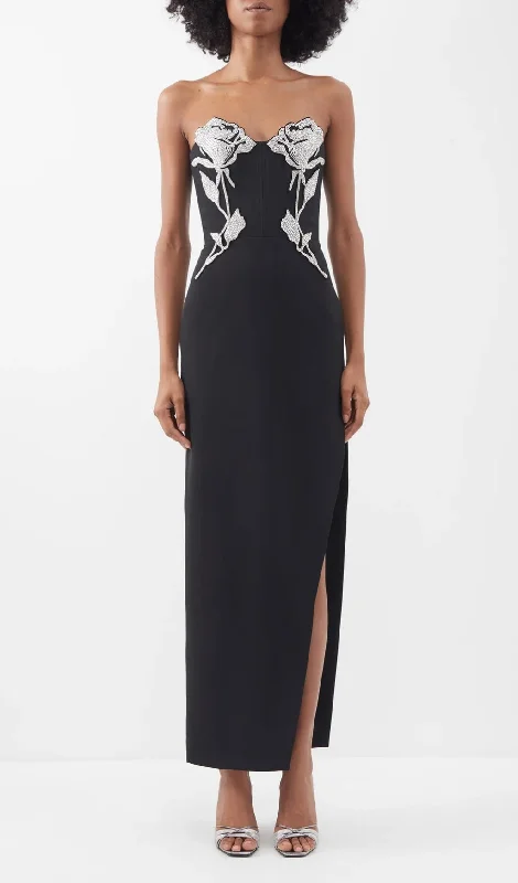 CRYSTAL FLOWER MAXI DRESS IN BLACK Classic Solid Maxi Dress