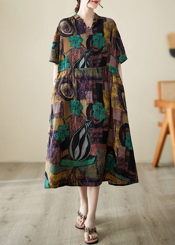 Diy Brown Cinched Print Linen Maxi Dresses Summer Cozy Longline Maxi Dress