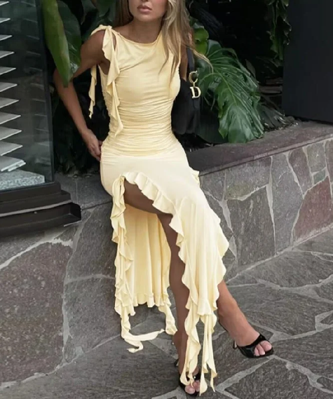Elegant Solid Sleeveless Ruffles long dress for women Slit Sexy Slim Maxi Dress Summer Birthday Party Festival Clothes Fashionable High-Low Maxi Dress Elegant Solid Sleeveless Ruffles long dress for women Slit Sexy Slim Maxi Dress Summer Birthday Party Festival Clothes Fashionable High-Low Maxi Dress