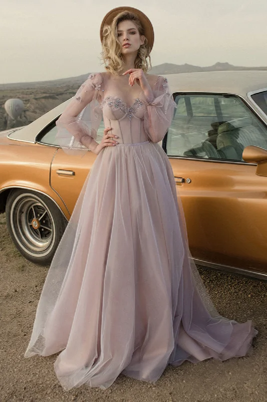Fairy Tale Lilac Long Sleeve Tulle Maxi Dress Trendy Short Sleeve Maxi Dress