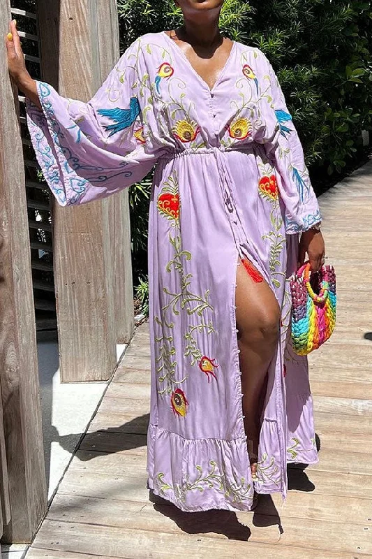 Floral Embroidery Bohemia Drawstring Ruffled Maxi Dress Stylish Long Sleeve Maxi Dress Floral Embroidery Bohemia Drawstring Ruffled Maxi Dress Stylish Long Sleeve Maxi Dress