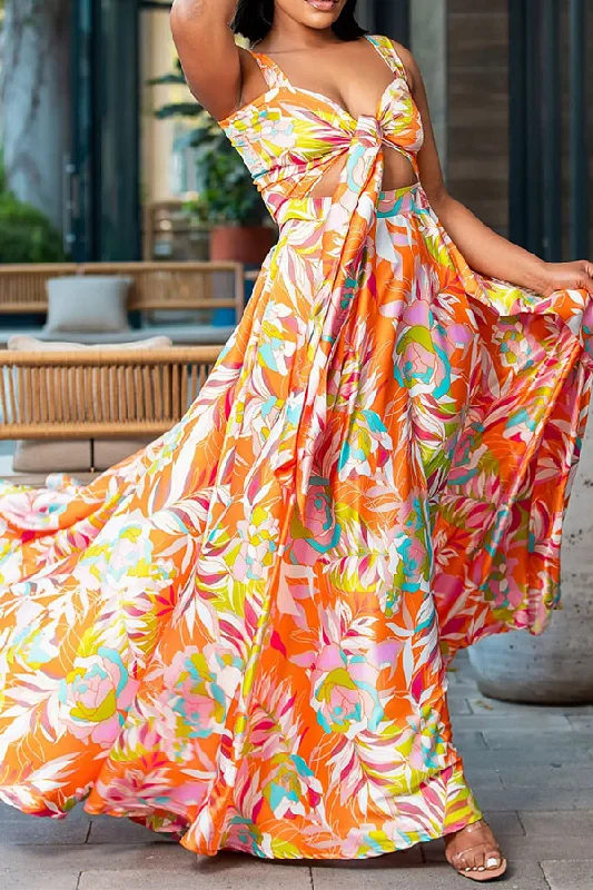 Floral Print Tropical Lace-Up Swing Maxi Dress Fashionable Button-Down Maxi Dress