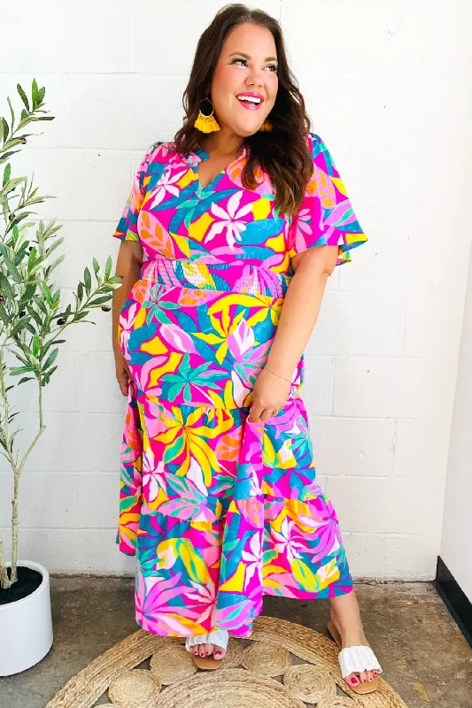 Tropical Trance Fuchsia Floral Smocked Waist Maxi Dress Elegant Lace-Up Maxi Dress