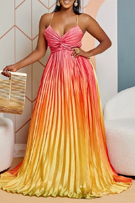 Gradient Striking Strappy Back Pleated Maxi Dress Classic V-Neck Maxi Dress