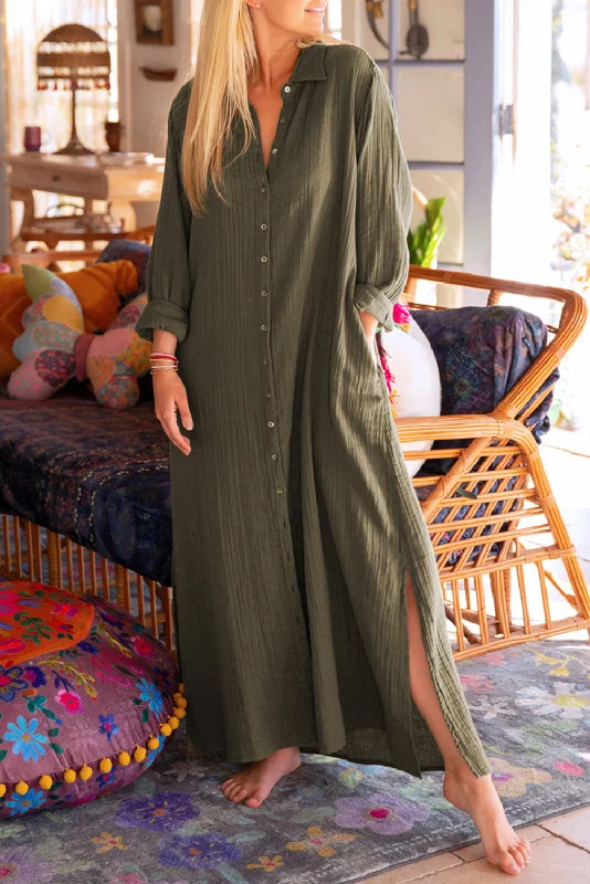 Green Crinkle Button Up Casual Split Shirt Maxi Dress Trendy Printed Maxi Dress