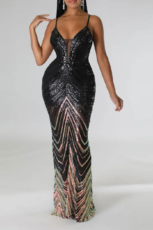 Hit Color Sequined Striking Spaghetti Strap Maxi Dress Cozy Ribbed Maxi Dress